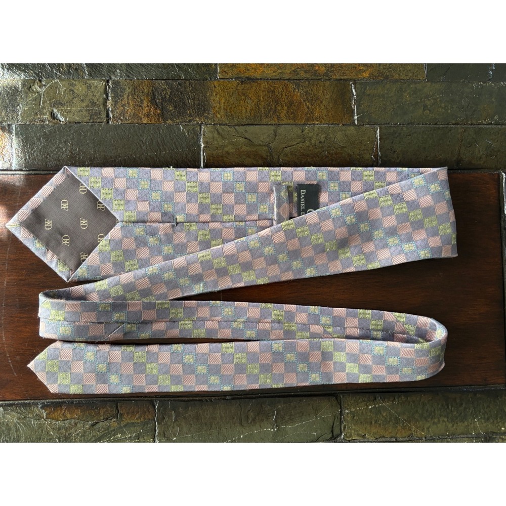 Daniel De Fasson Mens‎ Silk Necktie Gray Pink Green Check Pattern Tie Vintage - Picture 8 of 13